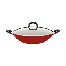 Desc - Olla wok con tapa  para induccion 4.5Lt. 32cm. Monaco Roja